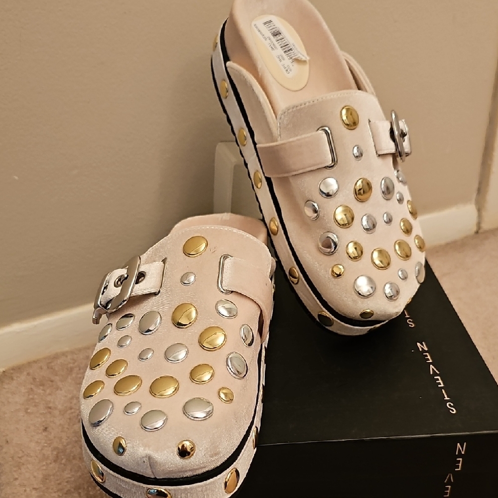 Gianni Bini Cream Slip-On Studded Clogs
